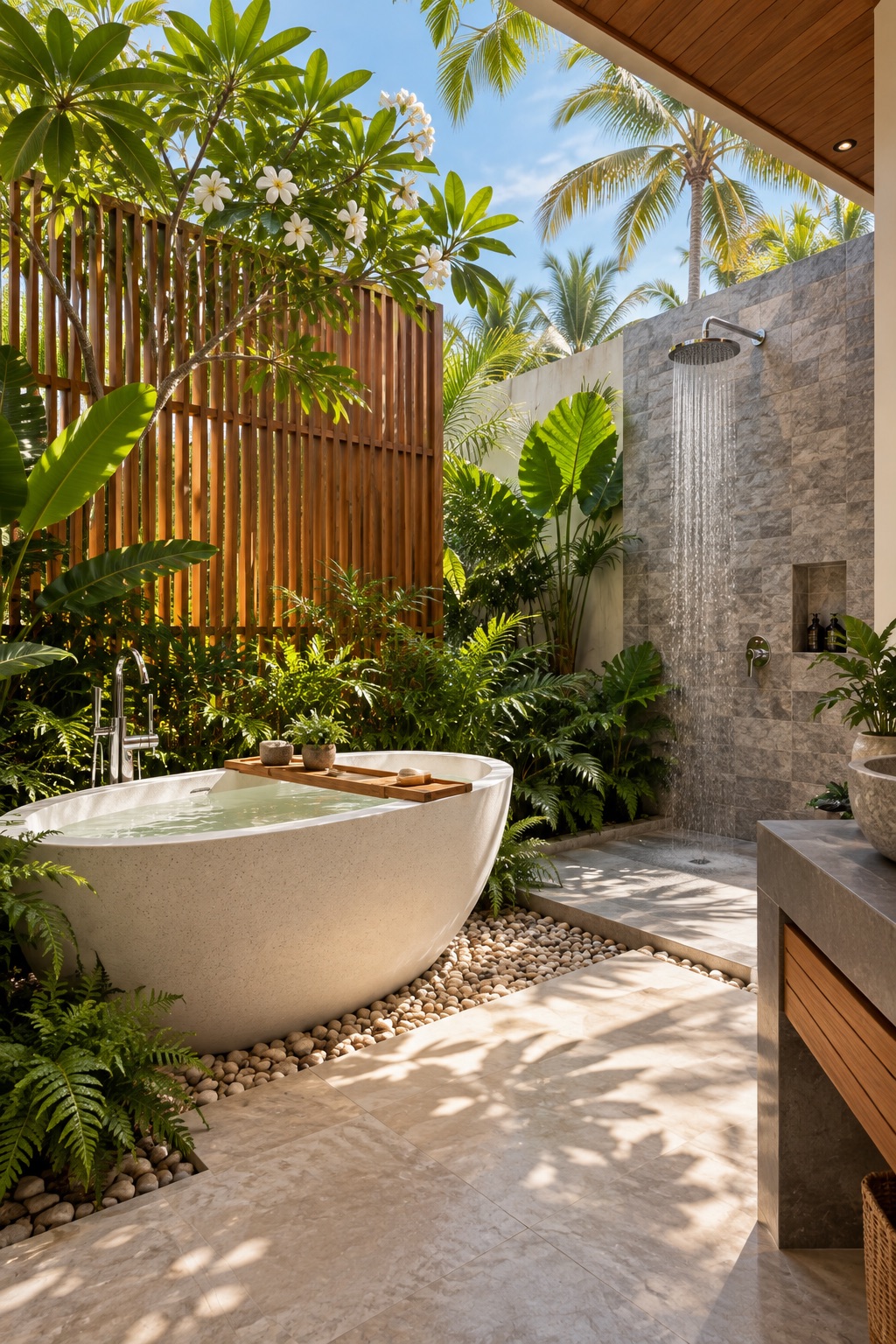 Semi-outdoor bathroom with a stone tub and tropical plants