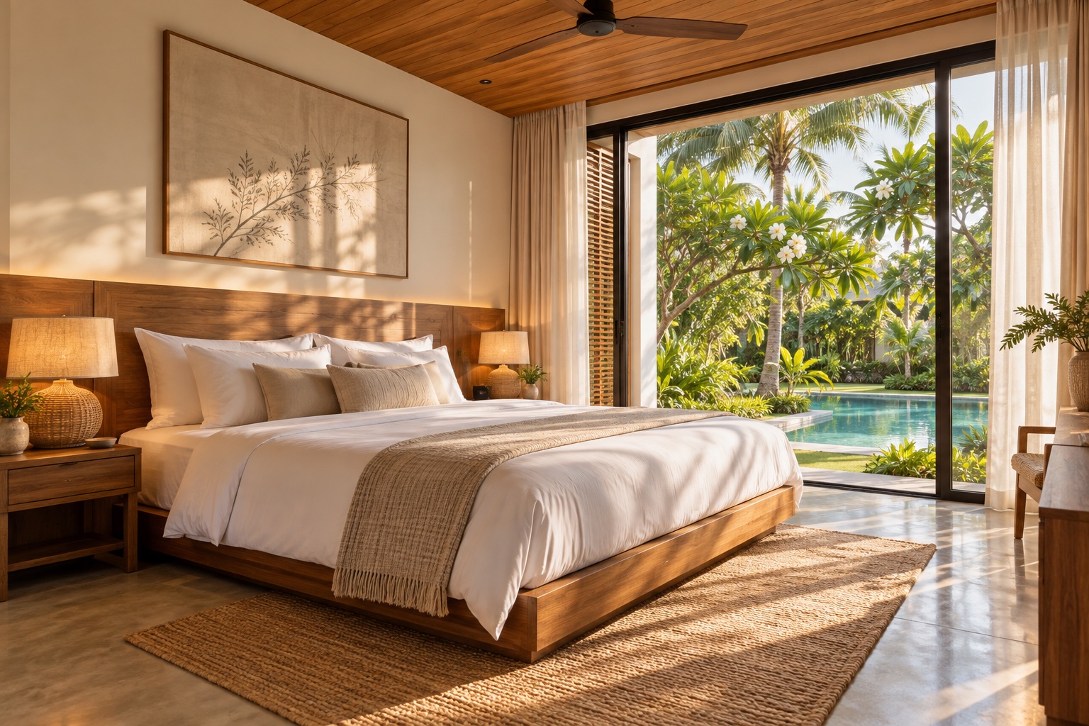 Master bedroom with a king bed, white linen and a teak headboard