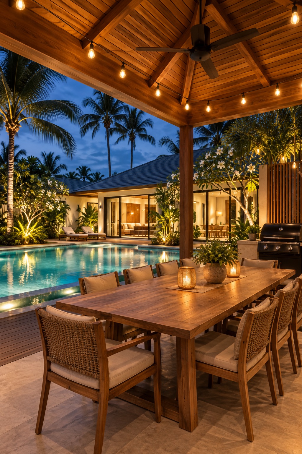 Outdoor pavilion with an eight-seat teak table under string lights