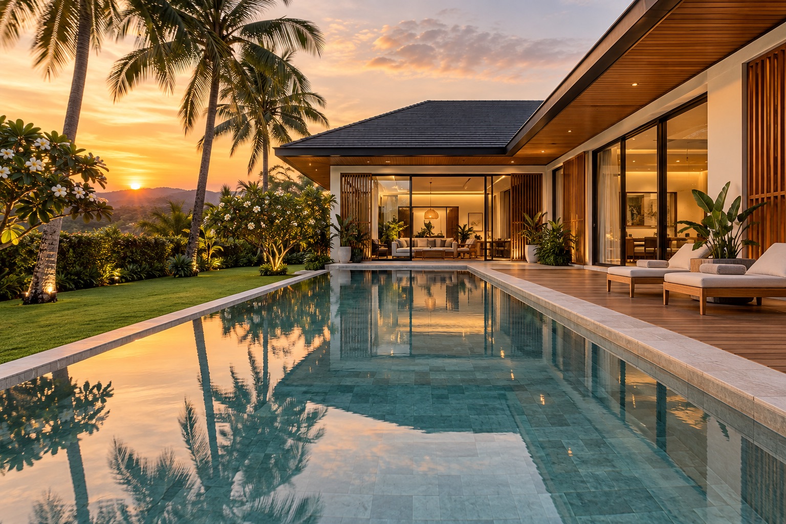 Single-storey pool villa with a private pool at sunset