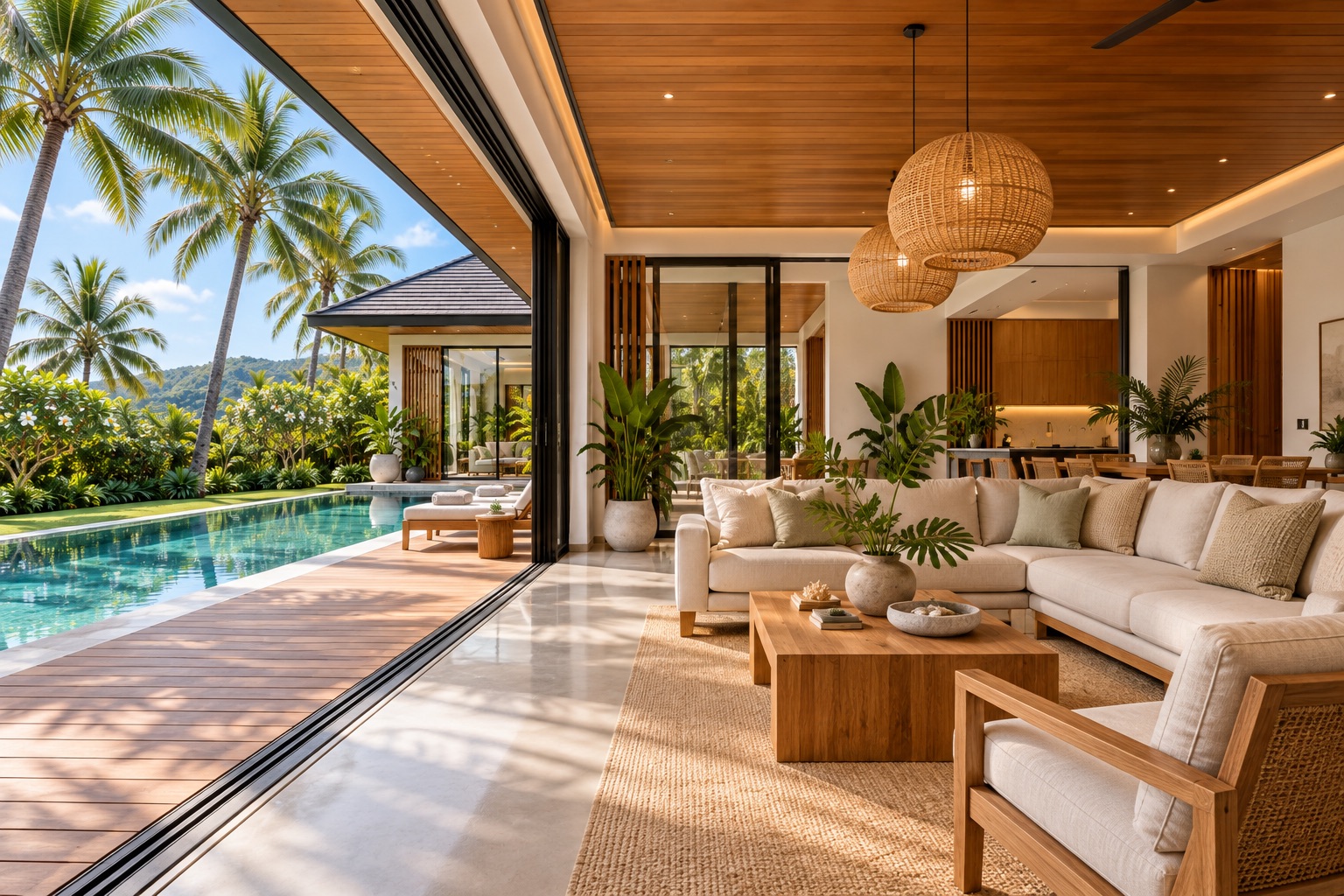 Open-plan living room with large glass doors onto the pool