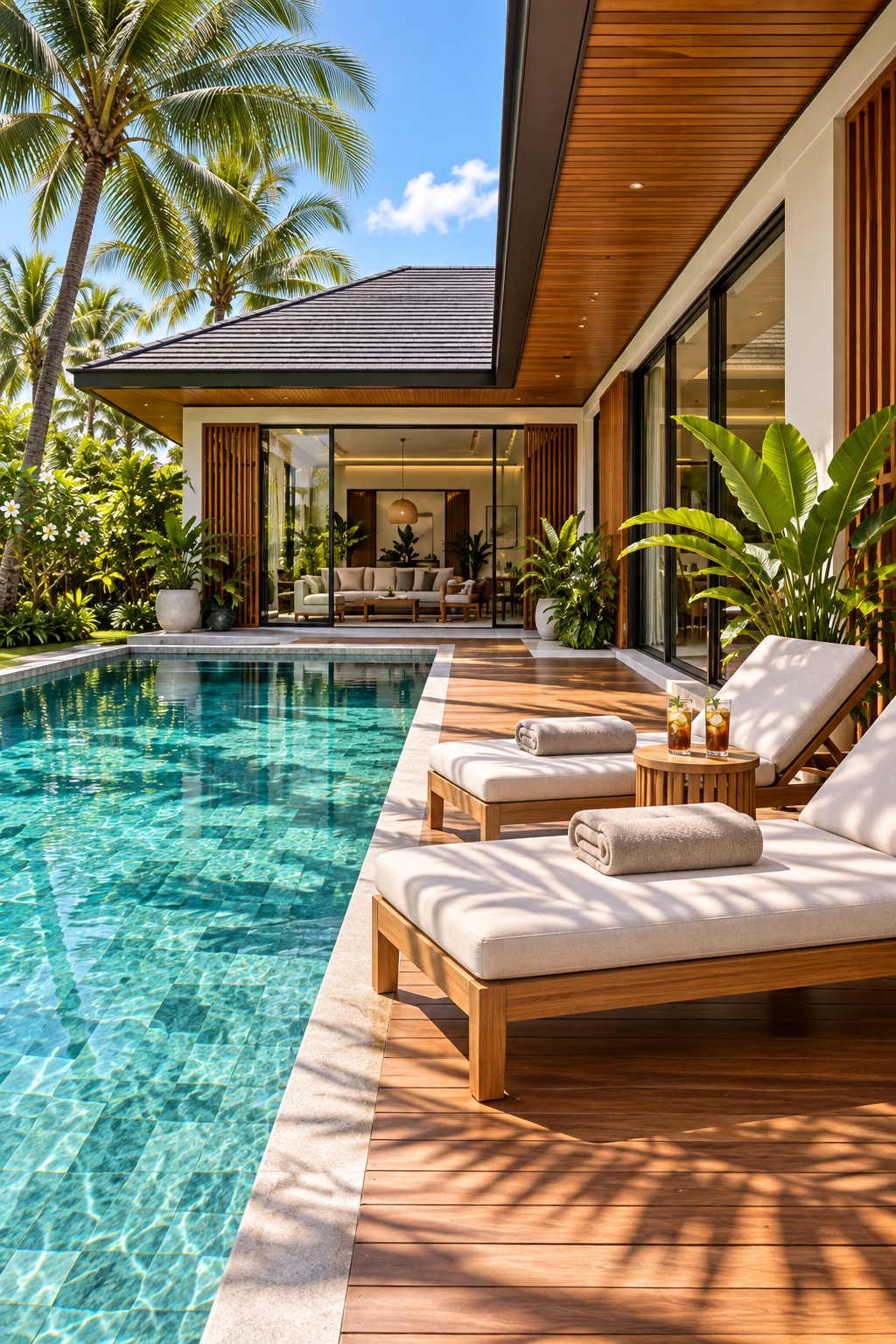 Two sun loungers by the pool, surrounded by tropical plants
